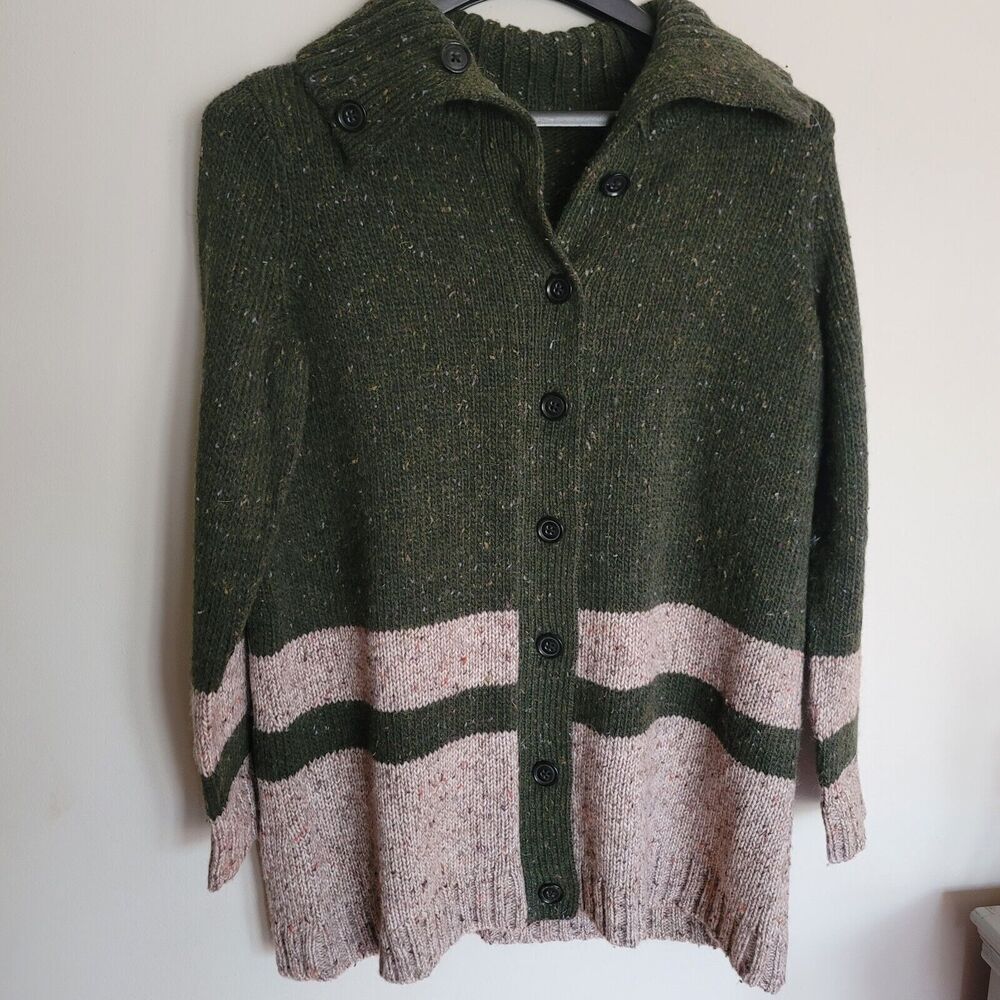 Talbots Chunky Striped Long Cardigan Green Tan Button Front Sweater Womens LG